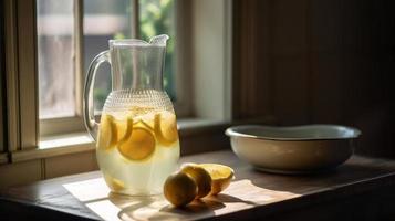 tranquilo país cocina mostrador con un lanzador de Fresco limonada - generativo ai. foto