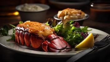 Fresh Lobster Tail in Melting Butter with Sauteed Vegetables Dish - Generative AI. photo