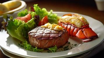 Fresh Lobster Tail in Melting Butter and Steak with Sauteed Vegetables Dish - Generative AI. photo