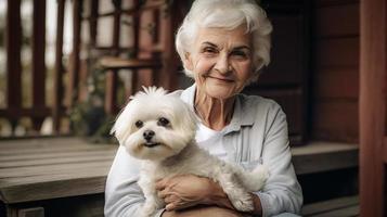 Attractive Happy Elderly Woman on Her Porch Holding Her Maltese Puppy - Generative AI. photo