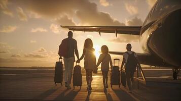 Successful Young African American Family Walking with Luggage to Their Private Executive Luxury Jet - Generatvie AI. photo