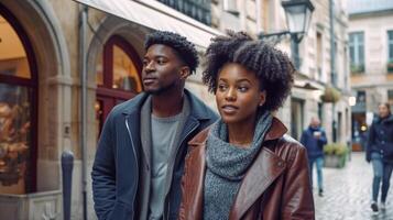 Vacationing Attractive Young African American Couple Walking Through the Streets of Europe - . photo