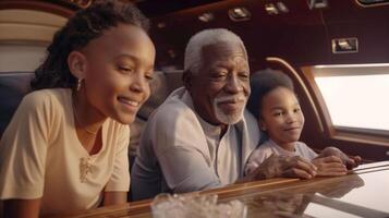 Elderly Successful African American Grandparent and Children In Their Private Executive Luxury Jet - Generatvie AI. photo