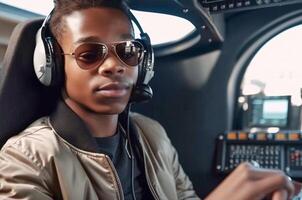 Young African American Pilot Male Sitting in the Cockpit Flying A Private Jet - Generatvie AI. photo