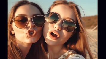 Two Young Girlfriends Posing Wearing Sunglasses Having Fun on the Beach - Generatvie AI. photo