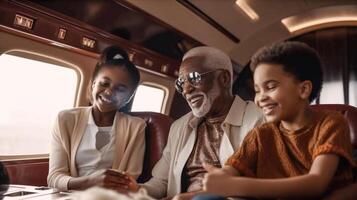 Elderly Successful African American Grandparent and Children In Their Private Executive Luxury Jet - Generatvie AI. photo