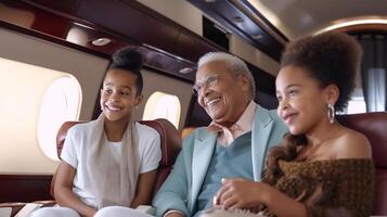 Elderly Successful African American Grandparent and Children In Their Private Executive Luxury Jet - Generatvie AI. photo