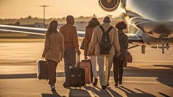 Successful Young African American Family Walking with Luggage to Their Private Executive Luxury Jet - Generatvie AI. photo