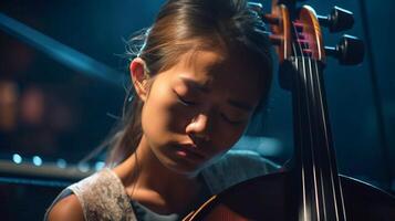 joven asiático niña jugando su violonchelo a el concierto salón debajo dramático luces - generatvie ai. foto