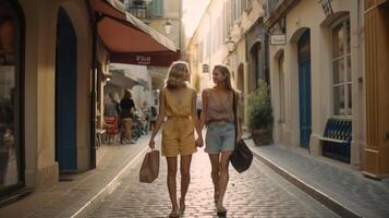 Two Lesbian Girlfriends Walking Along the Streets of Europe - Generatvie AI. photo