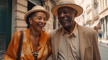 Happy Elderly African American Couple Enjoying a Walk Along The European Streets During Thier Vacation - Generatvie AI. photo