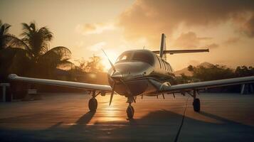 Private Luxury Jet Airplane In Tropical Location Waiting on the Tarmac At Sunset - Generatvie AI. photo