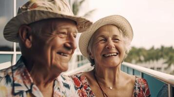 Senior Caucasian Couple Vacationing On A Cruise Ship in the Tropics - Generatvie AI. photo