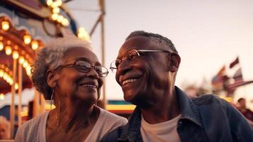 Happy Senior African American Couple Enjoying An Afternoon at the Carnival - Generatvie AI. photo