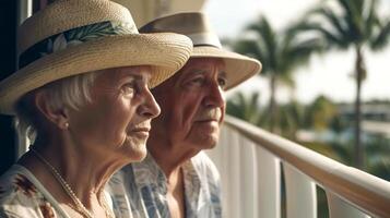 Senior Caucasian Couple Vacationing On A Cruise Ship in the Tropics - Generatvie AI. photo
