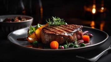 Fresh Succulent Top Sirloin Steak with Sauteed Vegetables on the Flame Grill - Generative AI.- Generative AI. photo