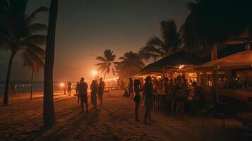 joven adulto amigos con tropical bebidas disfrutar el puesta de sol en su vacaciones - generatvie ai. foto