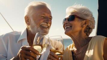 Senior Caucasian Couple Enjoying Drinks on the Deck of Their Yacht in the Ocean - Generatvie AI. photo