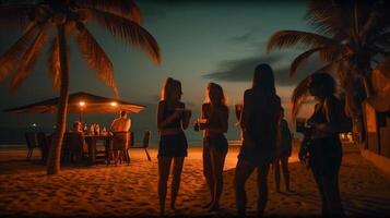 Young Adult Friends With Tropical Drinks Enjoy the Sunset on Their Vacation - Generatvie AI. photo