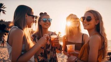 joven adulto amigos con tropical bebidas disfrutar el puesta de sol en su vacaciones - generatvie ai. foto