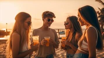 joven adulto amigos con tropical bebidas disfrutar el puesta de sol en su vacaciones - generatvie ai. foto