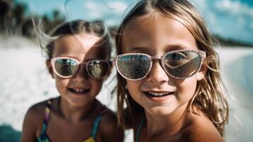 Two Young Girlfriends Posing Wearing Sunglasses Having Fun on the Beach - Generatvie AI. photo