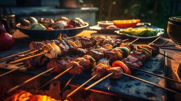 Fresco suculento vegetal y filete brocheta en el fuego parrilla - generativo ai. foto