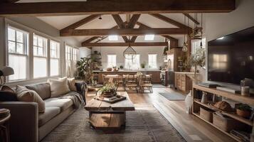 Custom Home Interior with Exposed Wooden Beams - Generatvie AI. photo