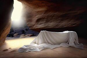 Burial Cloth Linen Shroud of Jesus Laying on Stone within Cave Tomb - . photo