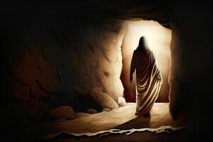 Jesus Rising from The Dead - Sihouetted Figure Leaving Cave Tomb - Generative AI. photo