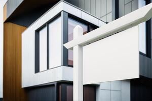 Blank Real Estate Sign In Front of New Contemporary House - Gererative AI. photo