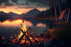 Campfire Burning Near Mountain Lake - . photo