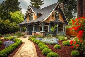 Stylish Craftsman Style House with Lush Landscaping - Generative AI. photo