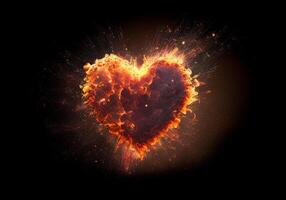 Fiery Heart Exploding on Black Background - Gerative AI. photo