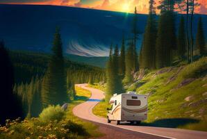 RV Camper Driving Down the Mountain Road - Gerative AI. photo