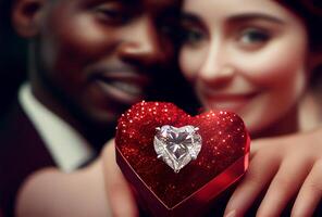 Mixed Race Couple Holding Heart Shaped Valentine Jewelry - Generative AI.