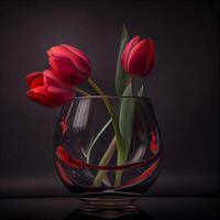 Red Tulip Flowers in Glass Vase - . photo