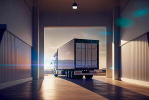 Large Semi Tractor-Trailer Delivery Truck at the Opening of a Commercial Building Garage - Generative AI. photo