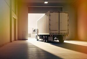 Large Semi Tractor-Trailer Delivery Truck at the Opening of a Commercial Building Garage - . photo