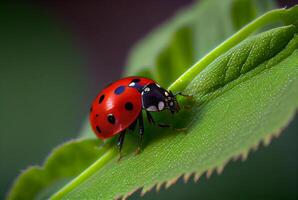 Red Ladybug Resting on a Green Leaf - . photo