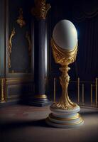 Chicken Egg Propped Up By Ornate Golden Base Under Spot Light - . photo
