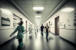 hospital personal corriendo abajo el ocupado pasillo - generativo ai. foto