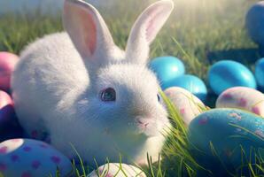 Easter Bunny and Decorated Eggs - Generative AI. photo