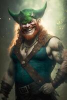 Portrait Illustration of a Red Bearded Muscular Leprechaun Character in a Forest - . photo