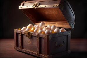 Expensive Chicken Eggs Concept in an Open Treasure Chest - . photo