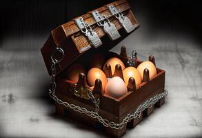 Expensive Chicken Eggs Concpet in an Open Lock Box - . photo