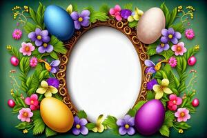 Decorated Easter Eggs and Flower Border Frame - . photo
