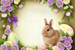 Cute Easter Bunny Rabbit, Decorated Eggs, Flower Border Frame - Generative AI.