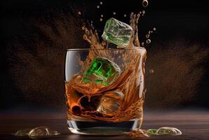 Green Ice Cubes Splashing Into a St. Patrick's Day Cocktail Glass In a Studio Setting - . photo