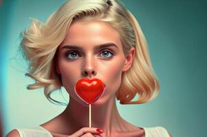 Pretty Blond Haired and Blue Eyed Girl with a Heart Shaped Lollipop - . photo